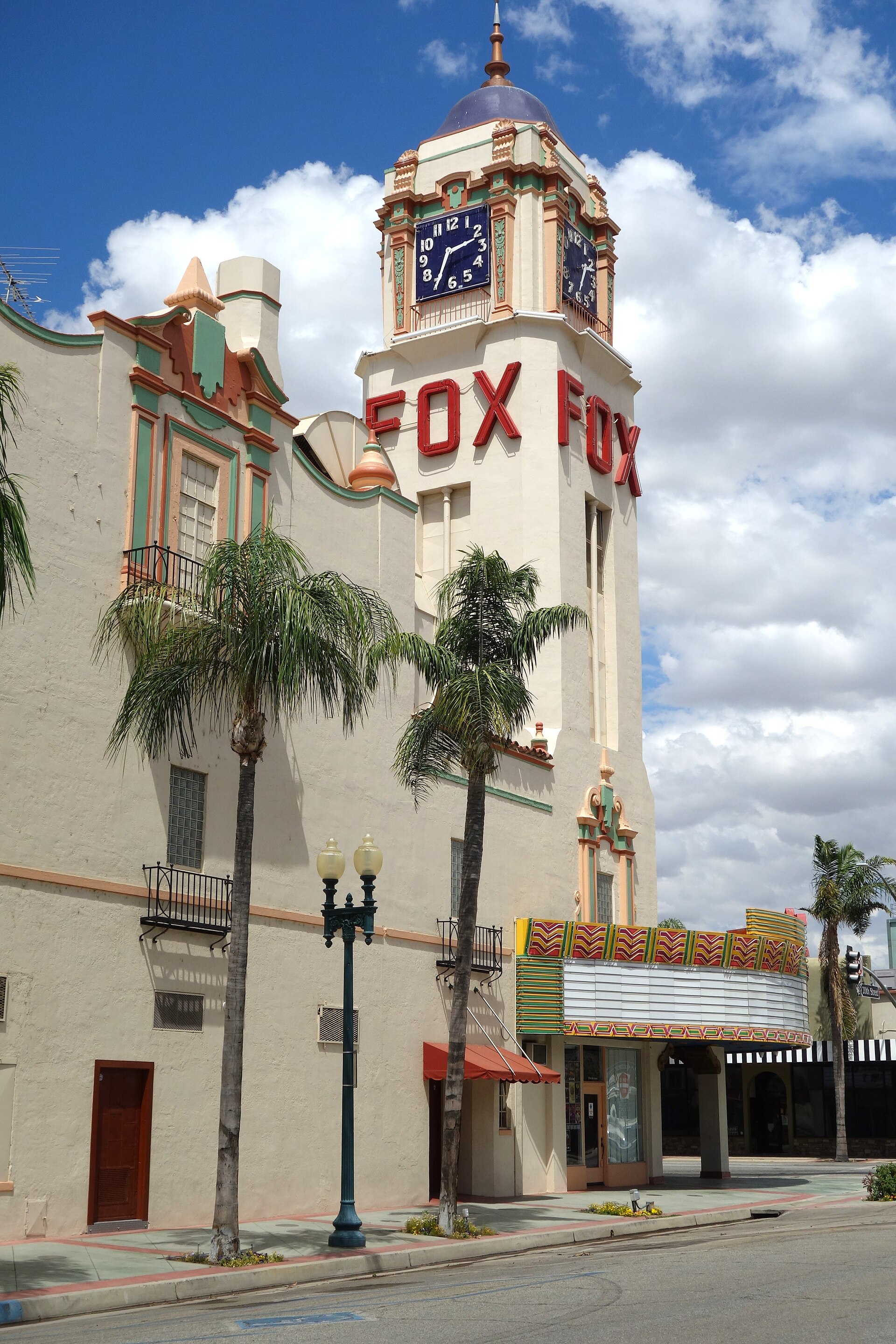 Fox Theater clock tower and marquee in Bakersfield