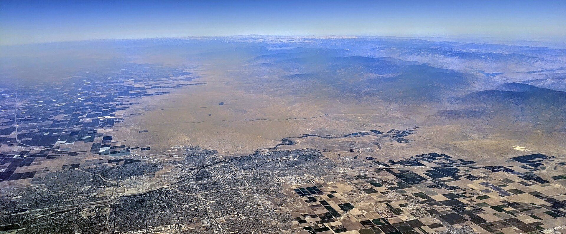 Aerial view of Bakersfield and the Kern River corridor